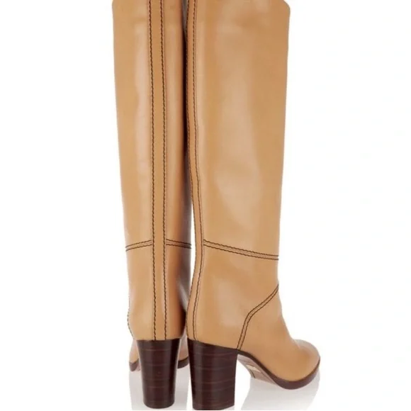 CHLOE new Riding Heeled Boot Tan Brown Knee-High Calf Stitched Leather Boots - Picture 8 of 17